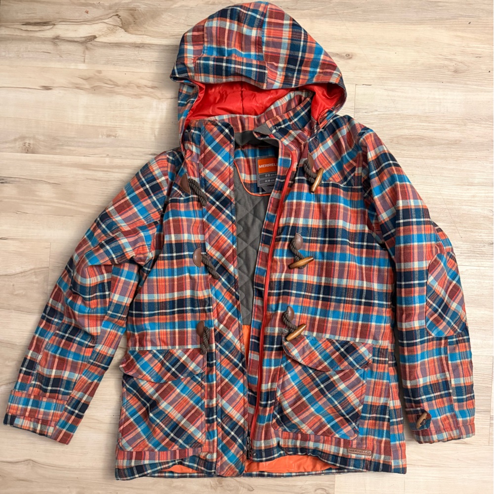 Merrell Plaid Hooded Puffer Jacket in Orange